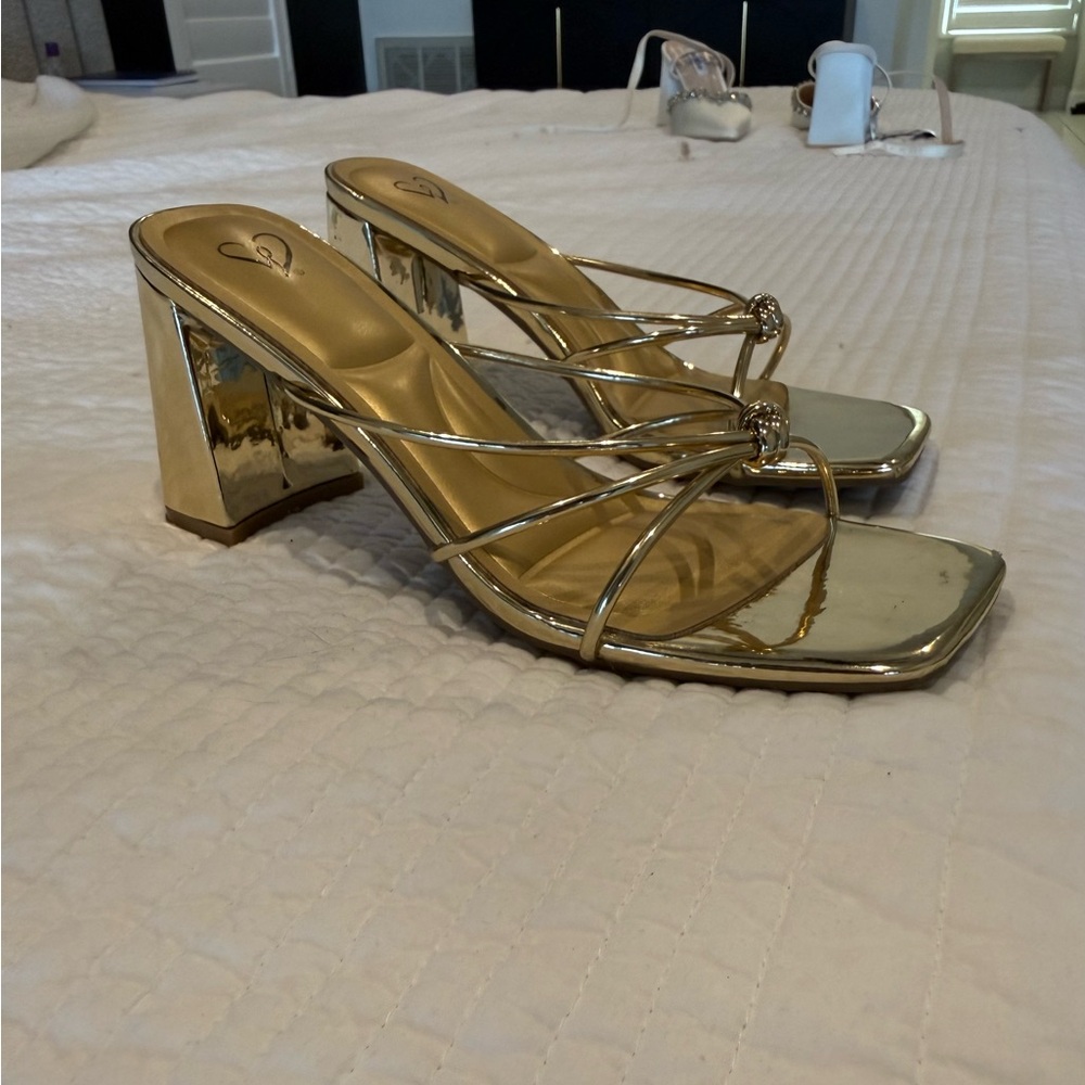 Gold Strappy Block Heel Sandals - Women